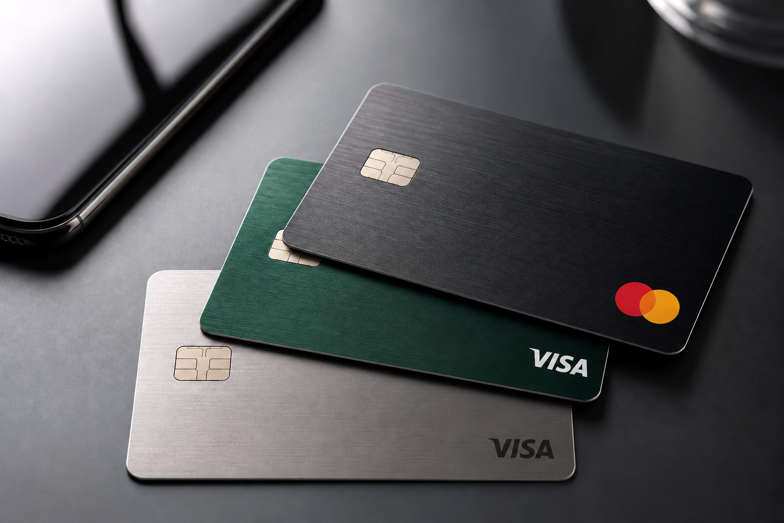 Tres tarjetas de crédito: una Mastercard y dos Visa